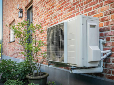 Side view of outdoor energy unit hanging on brick wall of beautiful house on a sunny day. Air conditioner or air heat pump. Outdoor unit powered by renewable energy.